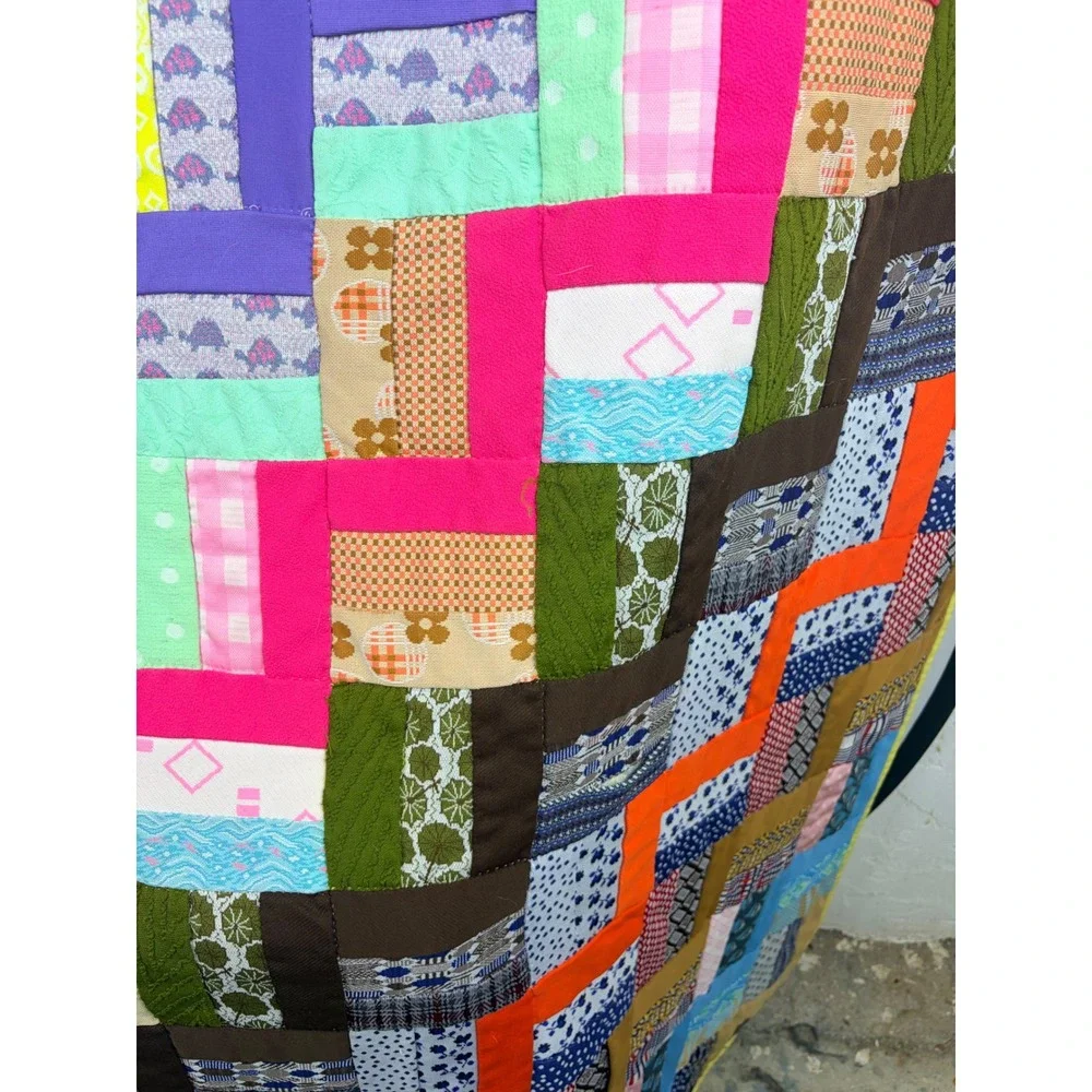 Vintage Handmade Patchwork Quilt Rainbow Polyester Double Knit 70s Retro 68x82
